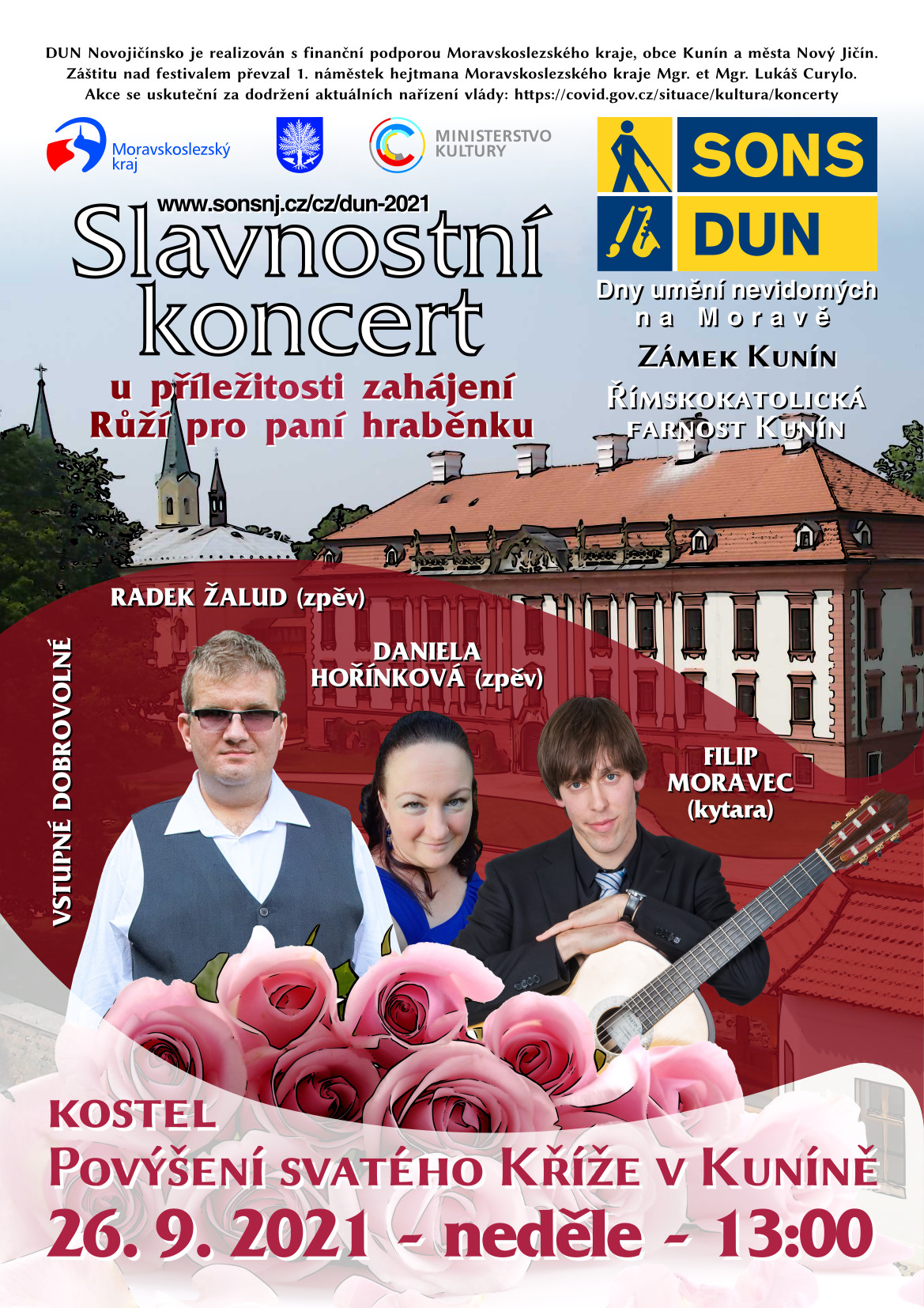 Pozvánka na Slavnostní koncert Daniely Hořínkové a Radka Žaluda v doprovodu Filipa Moravce u příležitosti tradičních Růží pro paní hraběnku Zámku Kunín.