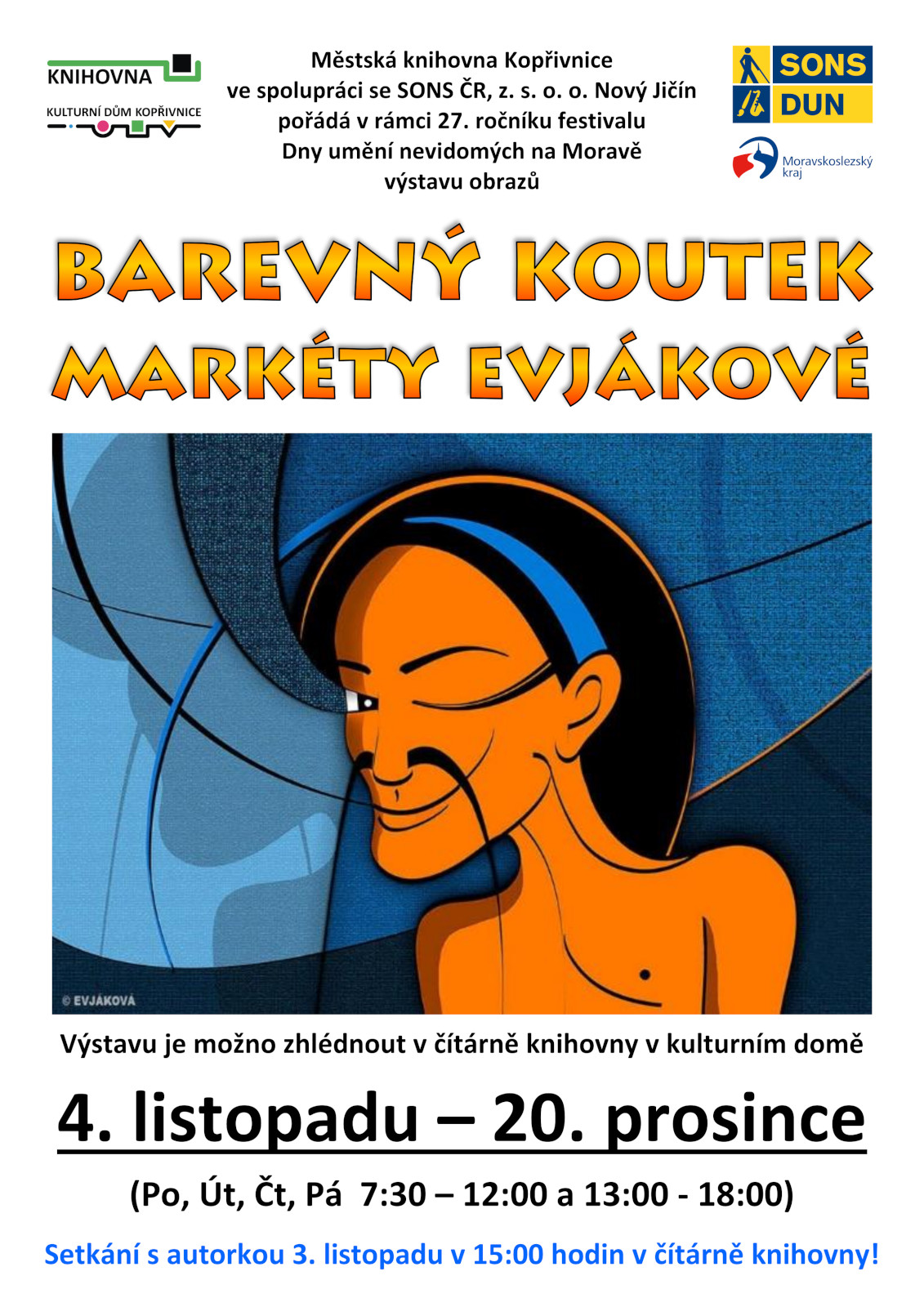 Pozvánka na Výstavu grafik Barevný koutek Markéty Evjákové v Městské knihovně v Kopřivnici